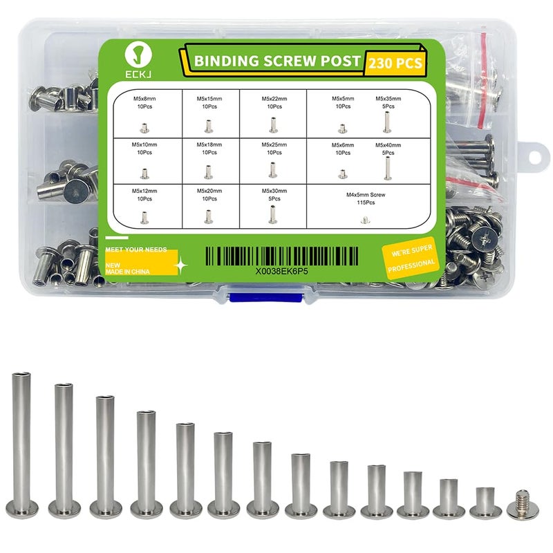 ECKJ 230Pcs(115 Pair) Phillips Chicago Binding Screws Assorted Kit Binding Screw Post Extenders for DIY Leather Decoration Scrapbook Photo Albums M5 x 5/6/8/10/12/15/18/20/22/25/30/35/40mm Silver - Image 1